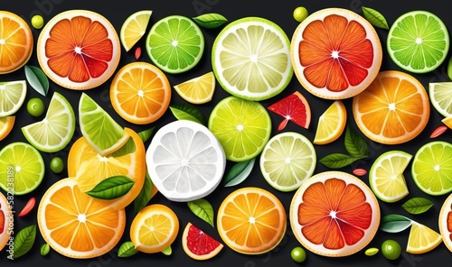  a group of citrus fruits with leaves and slices of oranges and limes on a black background with green leaves and oranges and limes. generative ai