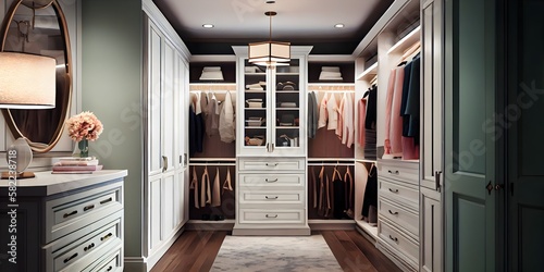 Walk-In Closet with Custom Cabinetry, Vanity Area, and Impeccable Details, generative AI