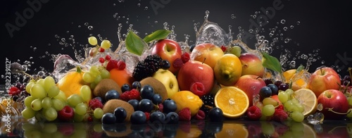 varied refrigerated fruits, deliciously appetizing with ice and water on top of them on black background. Ultra wide banner.