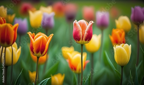  a field of colorful tulips with a blurry background of green grass and yellow and red flowers in the foreground, with a black border.  generative ai #582239162