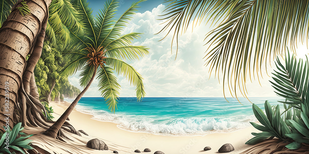 Insel mit Palmen und Blick zum Meer, Illustration Hintergrund