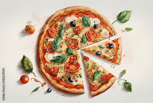 Italian pizza with tomatoes, mozzarella, basil, olives. Watercolor pizza. Mediterranean Kitchen. Generative AI