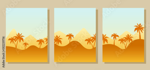 A set of backgrounds, templates for stories depicting a summer landscape. Palm trees at sunset, mountains. Vector