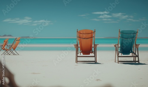  a couple of lawn chairs sitting on top of a sandy beach next to the ocean with a blue sky and clouds in the background,.  generative ai © Nadia