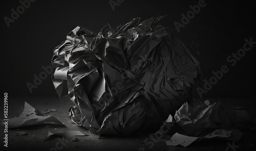  a black and white photo of a piece of paper on the ground with a crumpled apple in the middle of it, with a piece of paper on the floor. generative ai