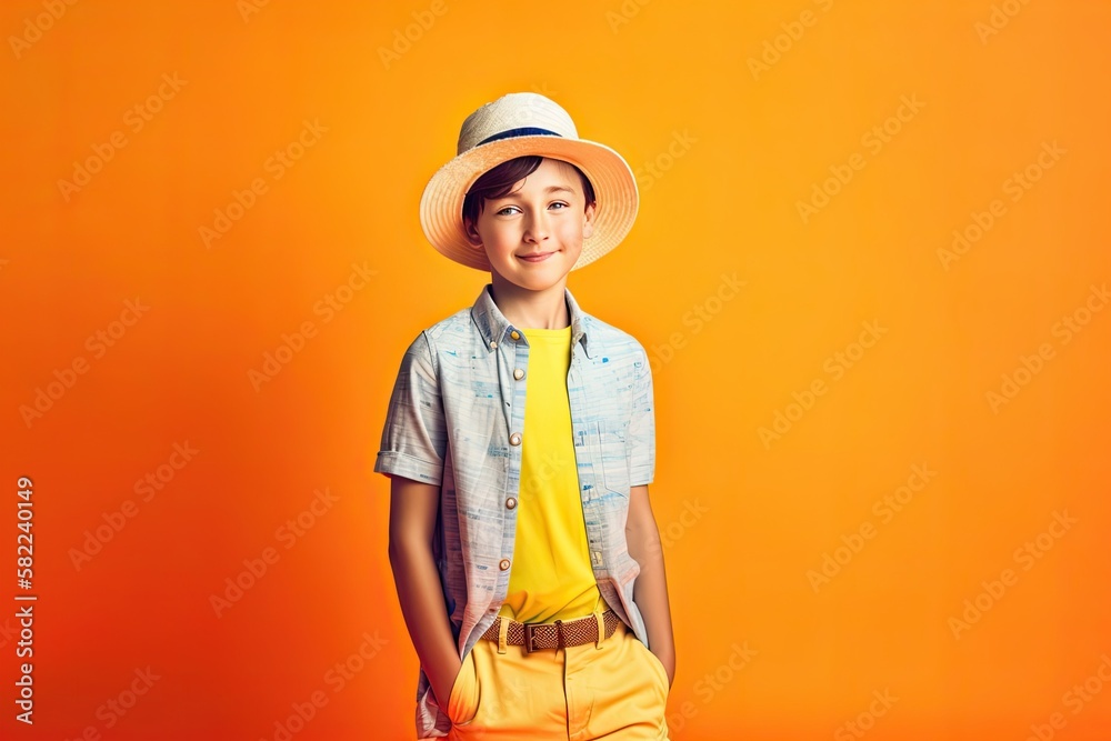 Portrait of a YoungBoy in Summer Clothes with Space for Copy on a Yellow Background (Generative AI)