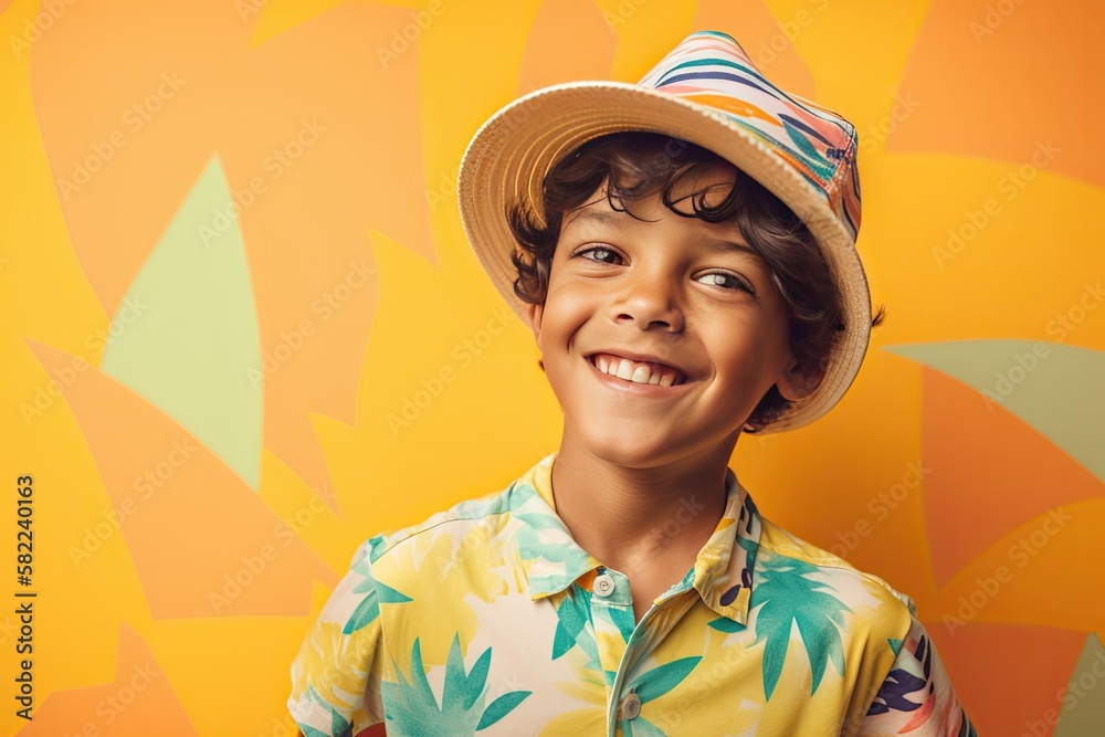 Portrait of a YoungBoy in Summer Clothes with Space for Copy on a Yellow Background (Generative AI) Portrait of a YoungBoy in Summer Clothes with Space for Copy on a Yellow Background (Generative AI)