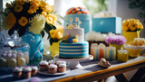A stunning cake takes center stage on a table decked out with colorful streamers, balloons - ai generated