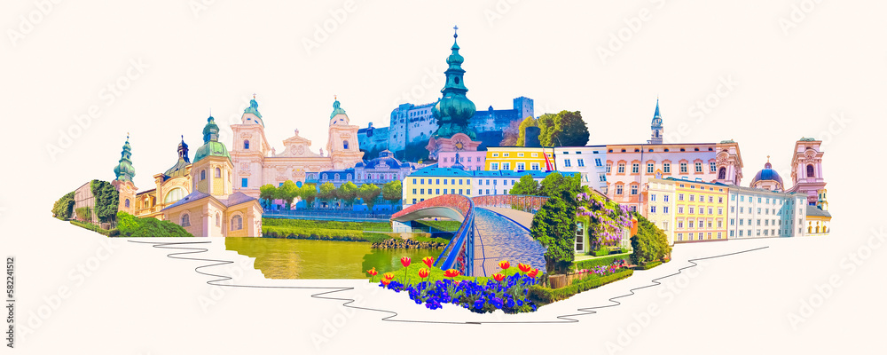 The collage of view of Salzburg skyline with river Salzach, Salzburger Land, Austria. Art collage, design