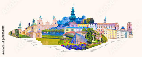 Obraz na płótnie The collage of view of Salzburg skyline with river Salzach, Salzburger Land, Austria. Art collage, design w salonie