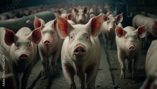 Pig, farm, pork, bacon, sausage, breeding, nutrition, health, welfare, lot of pigs, thousend pigs, GENERATIVE AI ©  freeprompt