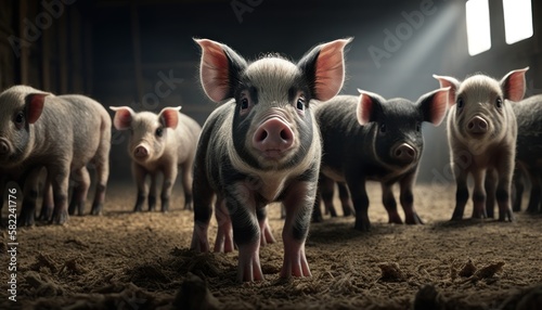 Pig, farm, pork, bacon, sausage, breeding, nutrition, health, welfare, lot of pigs, thousend pigs, GENERATIVE AI