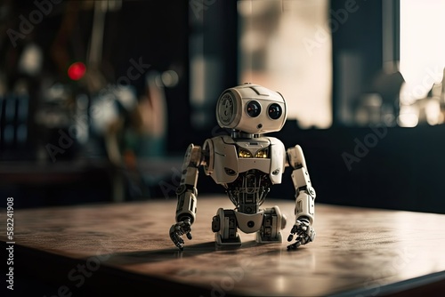 Robot close up. A small gray robot is on the table. Next to him an empty table and the background of the workshop in which he was created. Generative AI