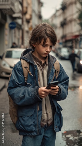 Eight-nine years old boy walking in the streets looking at his smart phone screen. Generative AI