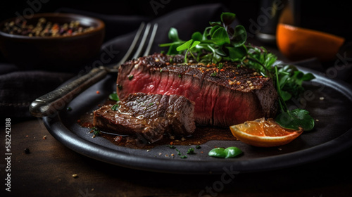 Bife suculento com ervas e especiarias em um prato escuro.