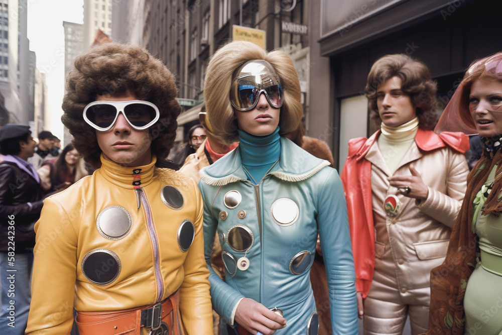 Group of friends together outside wearing colorful puffy coats or jackets outside. 1970s makeup and style with futuristic edge. generative AI Group of friends together outside wearing colorful puffy coats or jackets outside. 1970s makeup and style with futuristic edge. generative AI