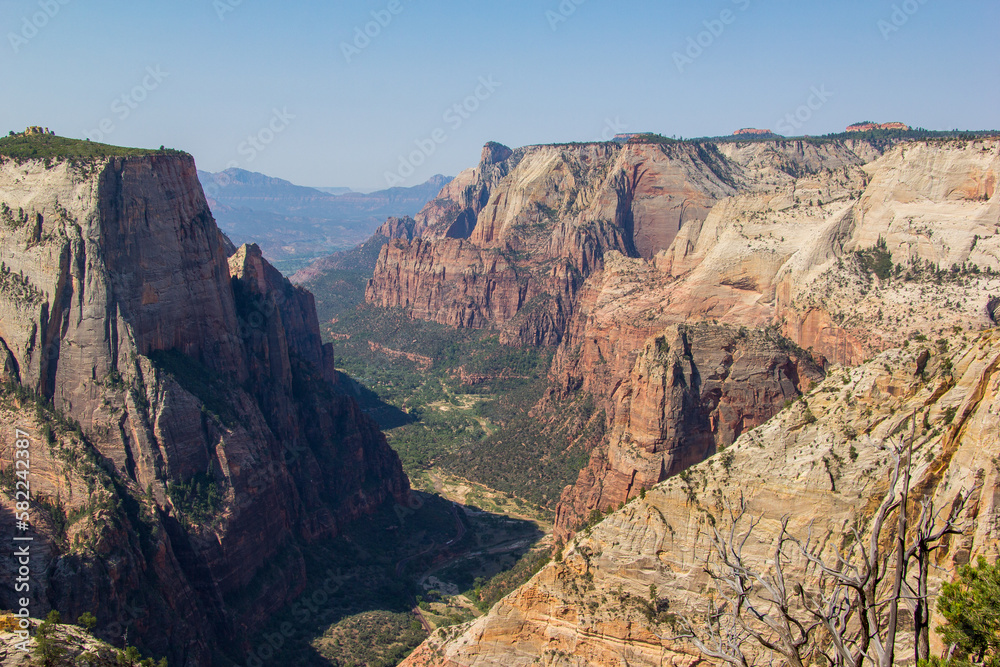 Views of the beautiful Zion Canyon with the Virgin River carving through it in Southern Utah.