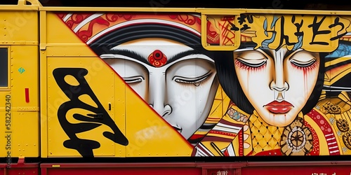 asian style graffiti street art on train car - generative