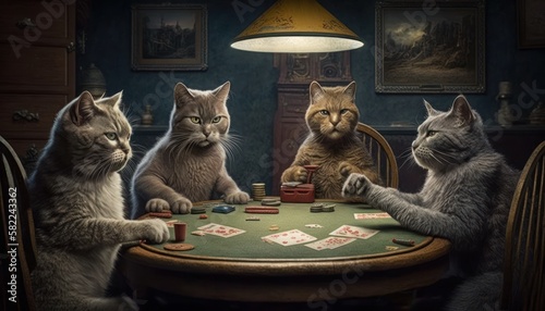 Cats playing poker has become an iconic image in popular culture, with its blend of humor, strategy, and satire appealing to audiences of all ages and interests. GENERATIVE AI photo