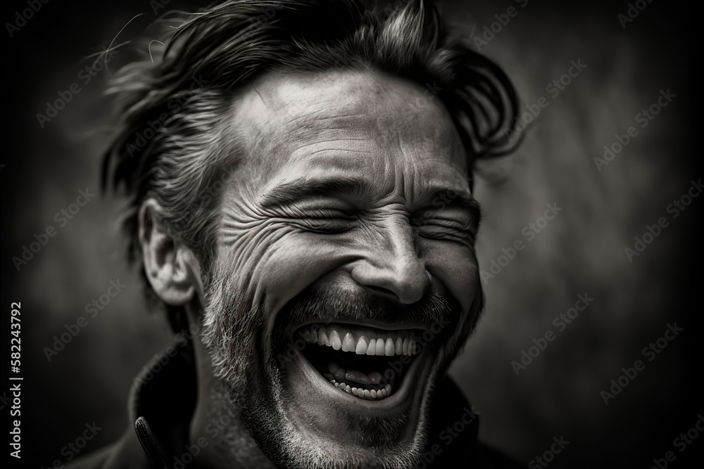portrait of an man, Black and white portrait of a mature man laughing, image created with ia
