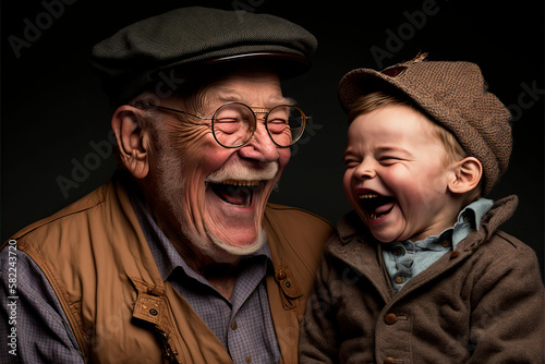 Portrait of a grandfather and grandson laughing as they look at each other. image created with ia