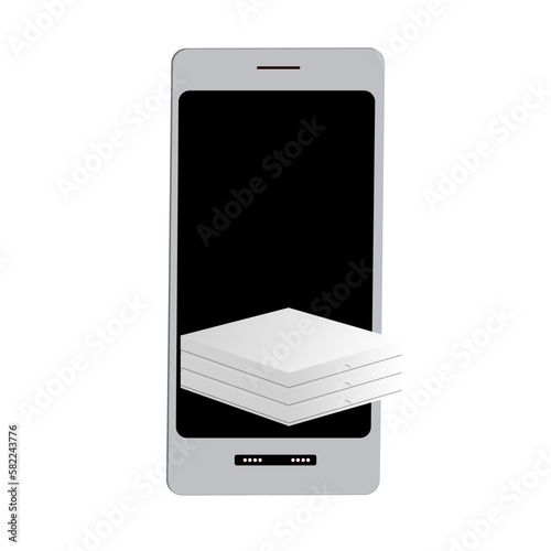 Three pizza boxes in a cell phone with copy space. The concept of online ordering pizza.
