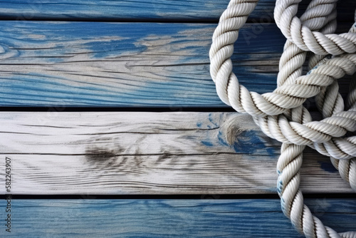Nautical background with ropes on a weathered deck. Travel and adventure concept. Created with Generative AI technology.