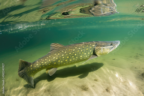 Pike underwater in the wild created with Generative AI technology.