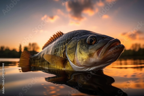 River fishing. Big perch on the river surface. Created with Generative AI technology.