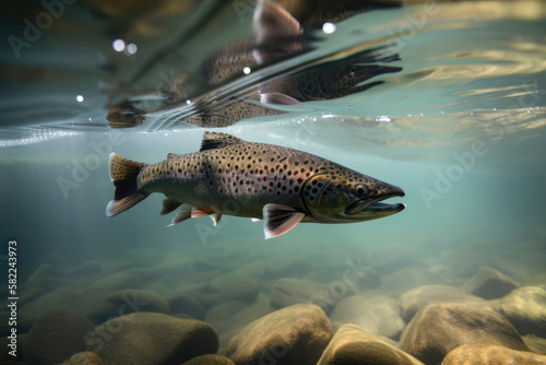 Trout fish in wildlife underwater. Created with Generative AI technology.