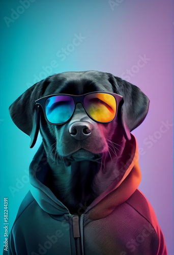 Creative animal composition. Black labrador in torn hoodie, wearing shades sunglass eyeglass isolated. Pastel gradient background. With text copy space. Generate Ai © AI_images