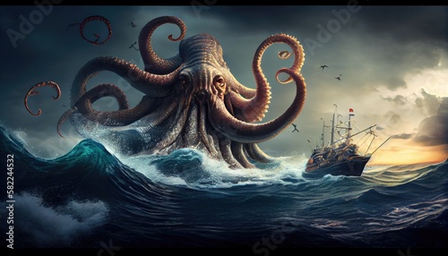 Giant octopus kraken monster attacking a ship in the ocean. Generative AI