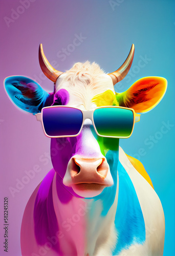 Creative animal composition. Cow wearing shades sunglass eyeglass isolated. Pastel gradient background. With text copy space. Generate Ai