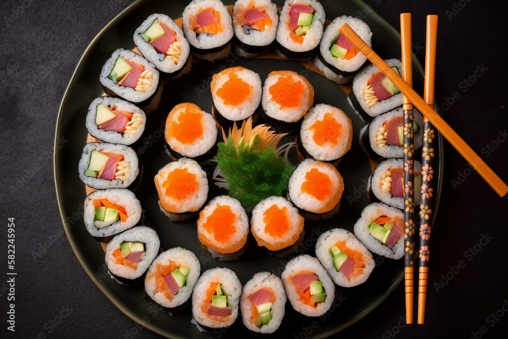 A plate of sushi rolls arranged in a circle with chopsticks in the center. Generative AI A plate of sushi rolls arranged in a circle with chopsticks in the center. Generative AI