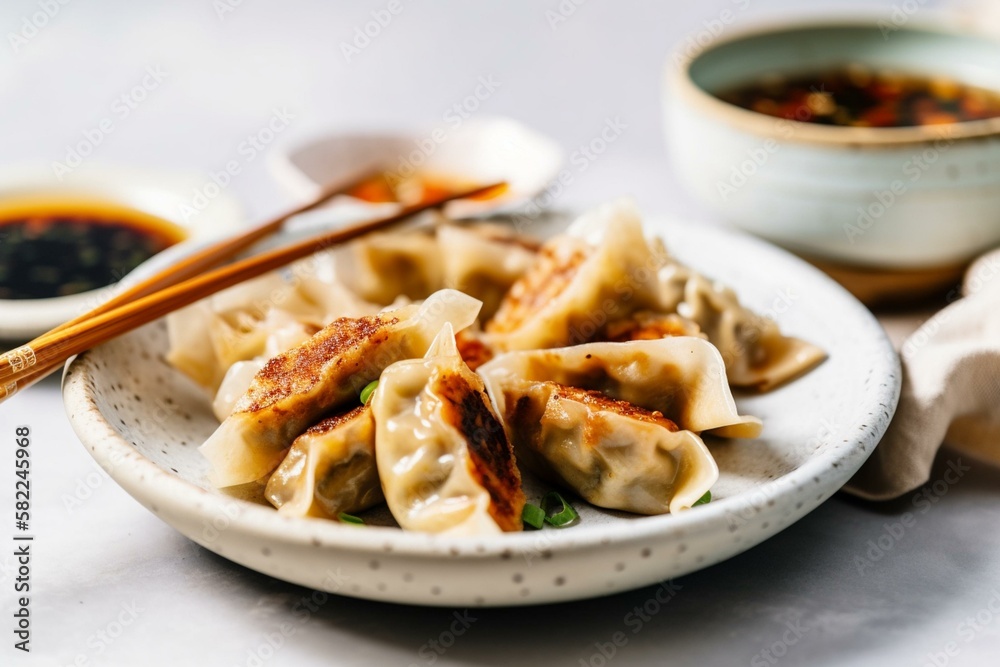 A stack of Chinese dumplings with a dipping sauce in a small dish. Generative AI