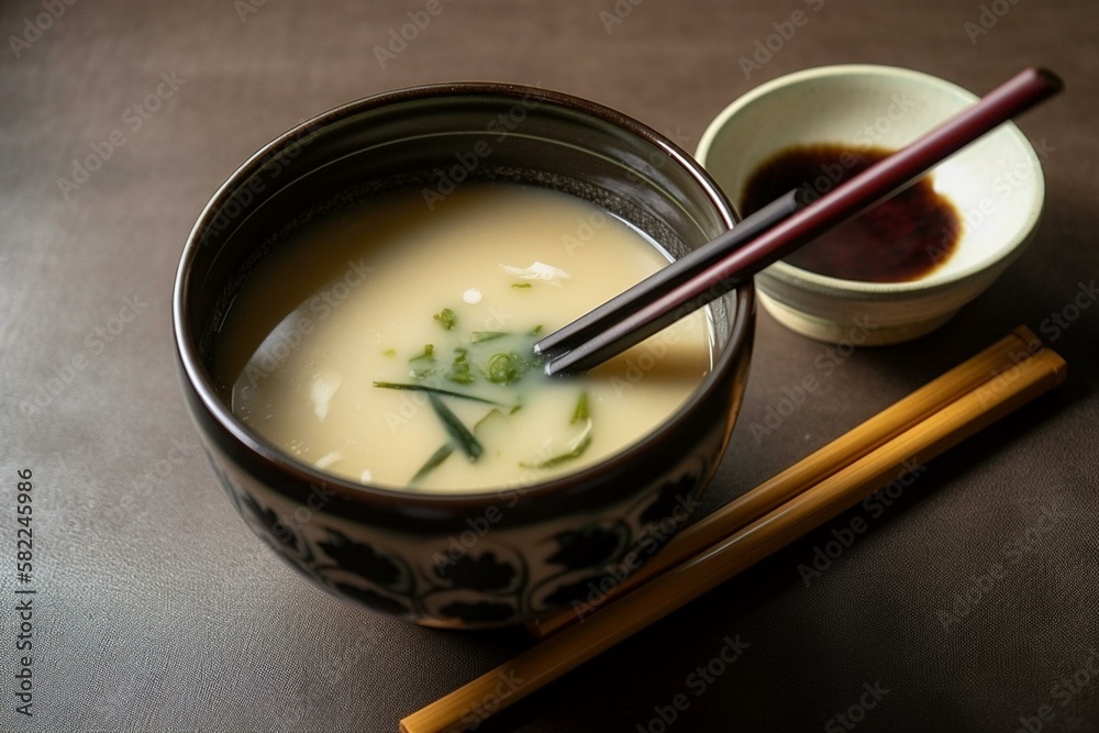 A bowl of miso soup with a spoon and a pair of chopsticks on the side. Generative AI A bowl of miso soup with a spoon and a pair of chopsticks on the side. Generative AI