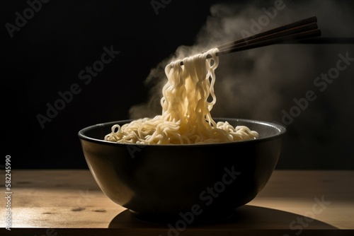 A bowl of steaming hot ramen noodles with chopsticks beside it. Generative AI