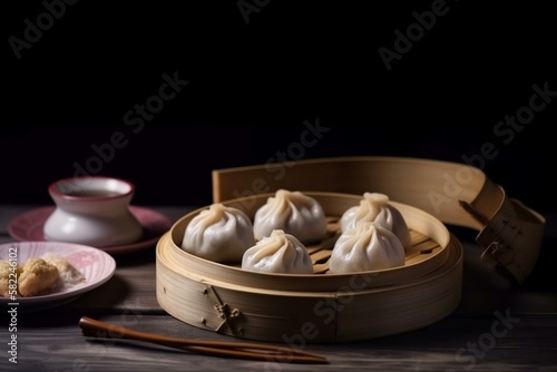 Still life, a plate of Chinese dim sum with a variety of steamed dumplings. Generative AI