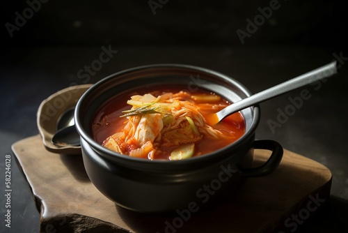 Still life, a bowl of Korean kimchi stew with a ladle and a spoon. Generative AI
