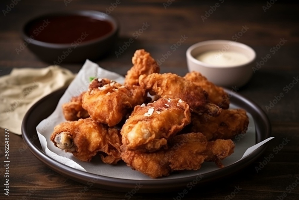 Still life, a plate of Korean fried chicken with a sweet and spicy dipping sauce. Generative AI