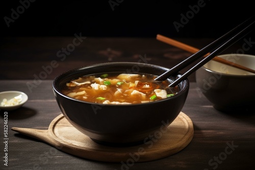 Still life  a bowl of Chinese hot and sour soup with a spoon on the side. Generative AI