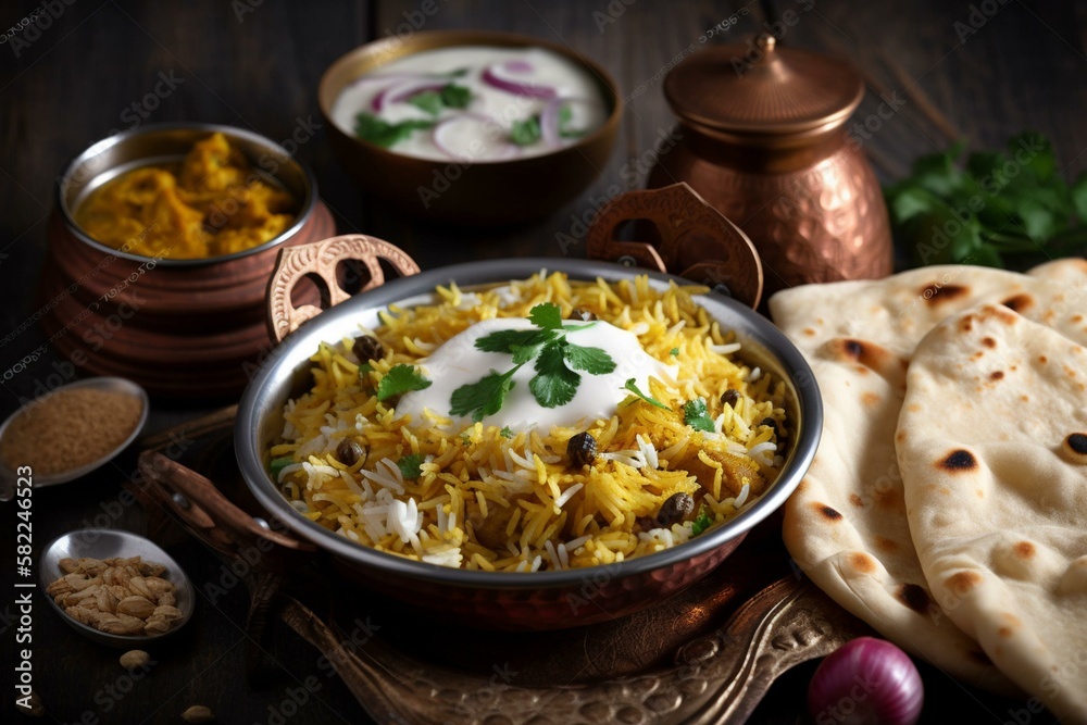 Still life, a platter of Indian biryani with raita and naan bread. Generative AI