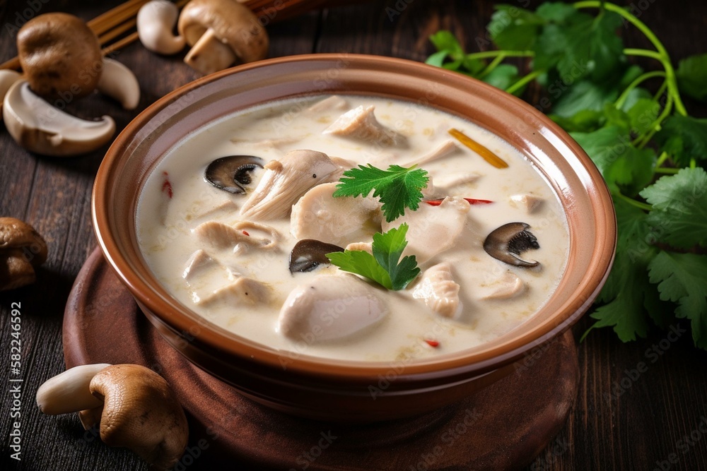 Still life, a bowl of Thai tom kha gai with chicken and mushrooms. Generative AI