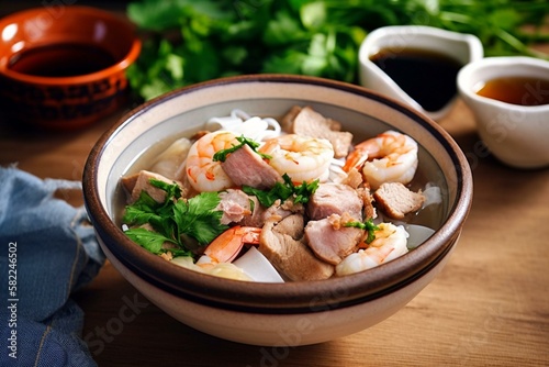 Still life, a bowl of Vietnamese hu tieu with pork and shrimp. Generative AI