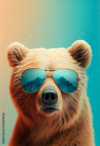 Creative animal composition. Bear wearing shades sunglass eyeglass isolated. Pastel gradient background. With text copy space. Generate Ai