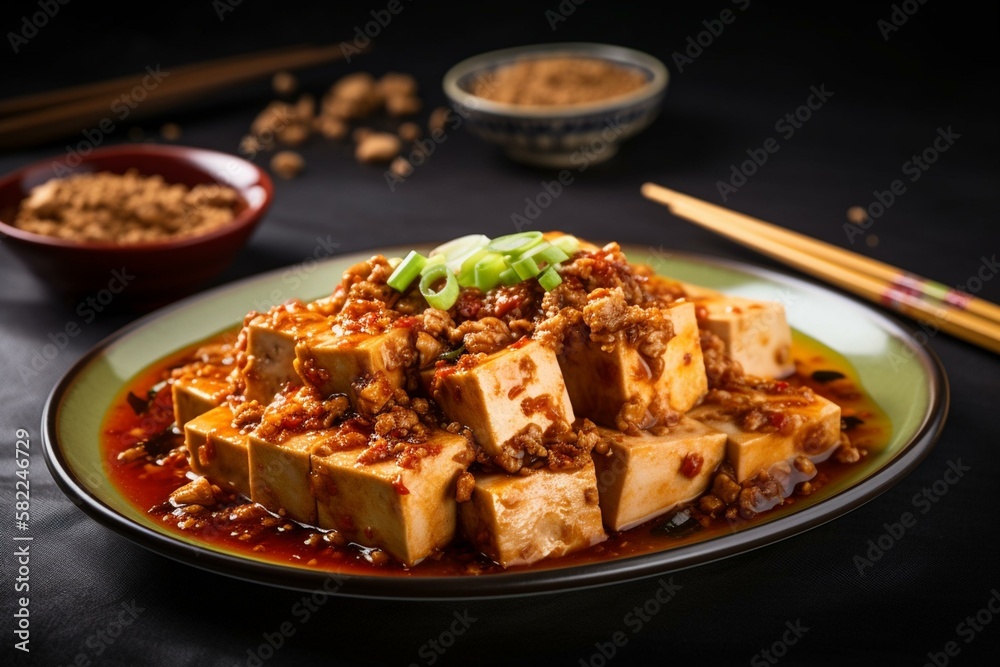 Still life, a plate of Chinese ma po tofu with ground pork and spicy sauce. Generative AI