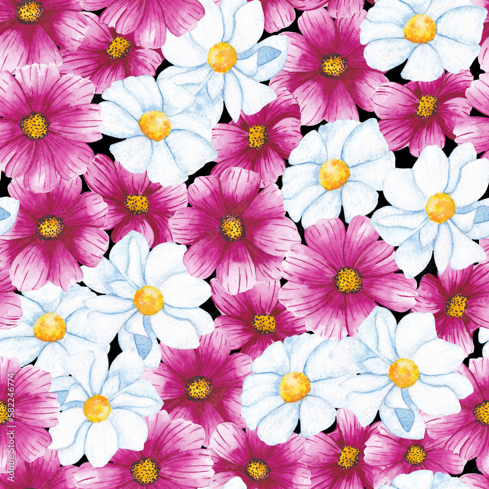 Seamless pattern of white and pink flowers. Watercolor illustration.