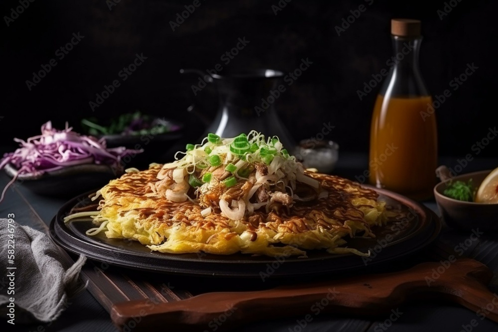 Fototapeta premium Still life, a platter of Japanese okonomiyaki with cabbage and seafood. Generative AI