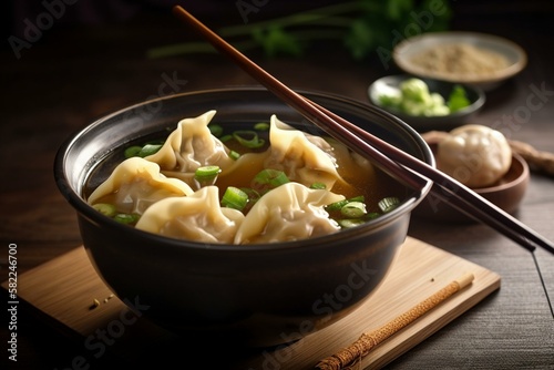 Still life, a bowl of Chinese wonton soup with a variety of dumplings. Generative AI photo