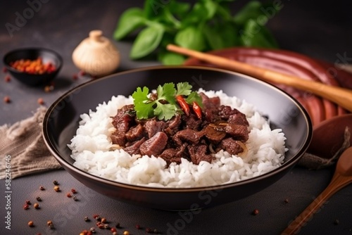 Still life, a plate of Vietnamese bo luc lac with cubed beef and rice. Generative AI photo